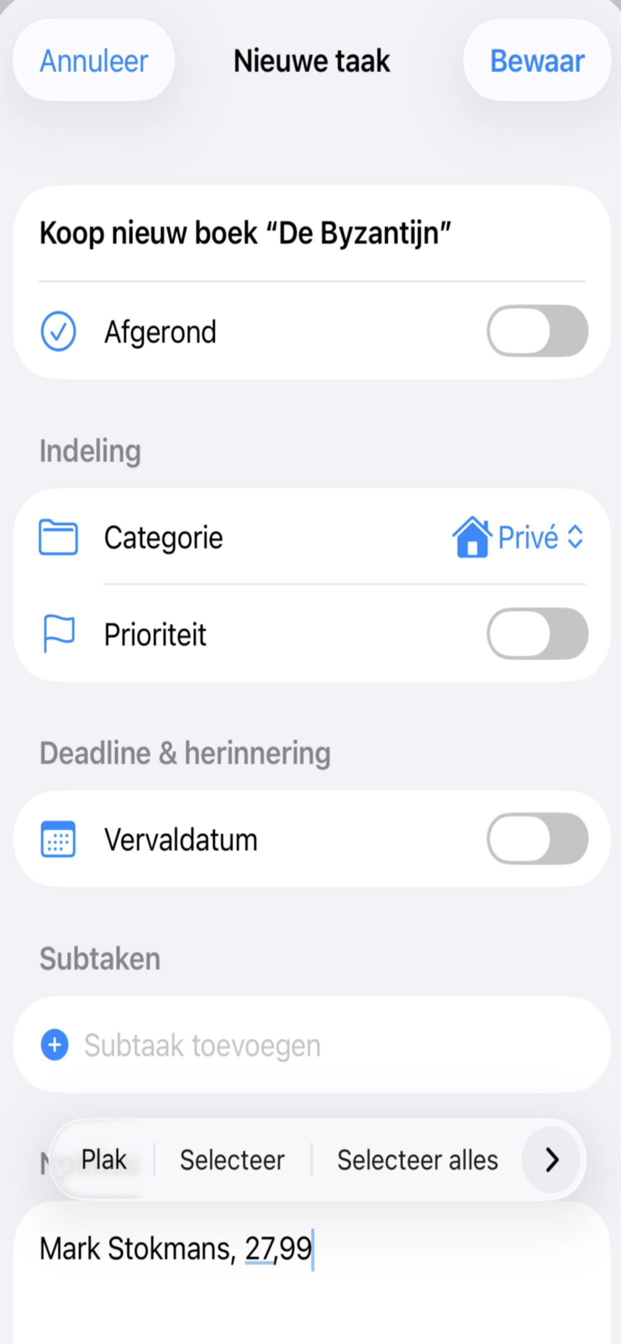 Screenshot van taak toevoegen in ToDo 123