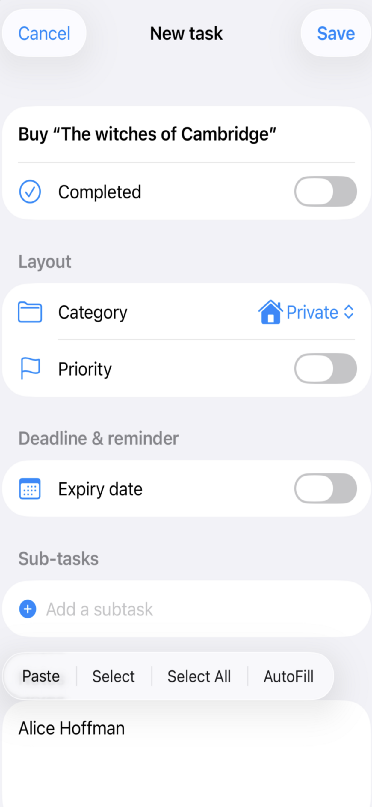 Screenshot of adding a task in ToDo 123